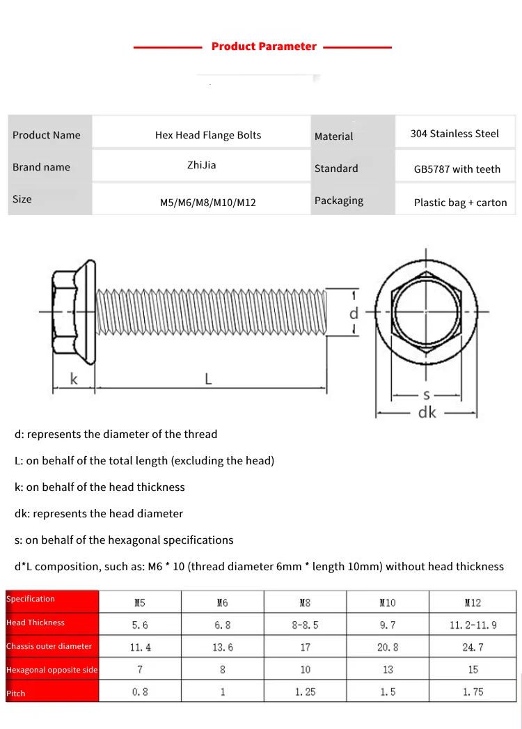 ZhiJia M5 M6 M8 M10 M12 304 Stainless Steel Hexagonal T-head Hangers Hex Flange Head Bolts With Teeth Anti-slip