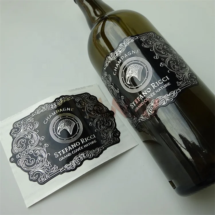 Custom printing silver gold foil embossed metal sticker red wine bottle label