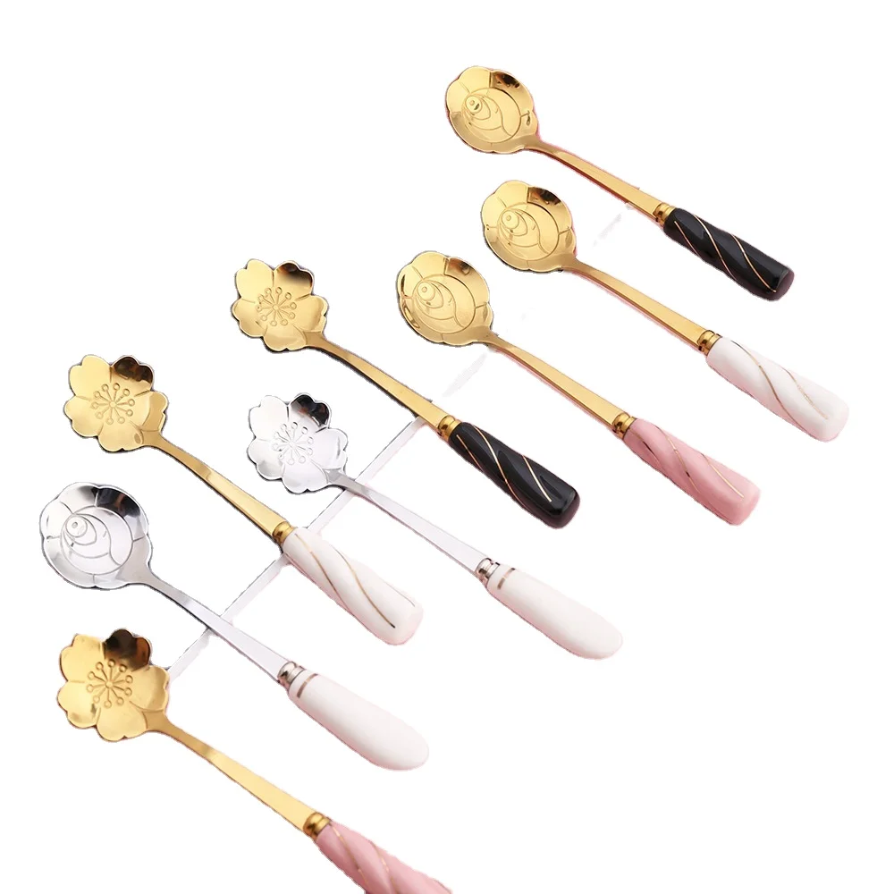 Wholesale Ceramic handle Mug flower milk/tea/ coffee stirring spoon Golden Cherry rose spoon