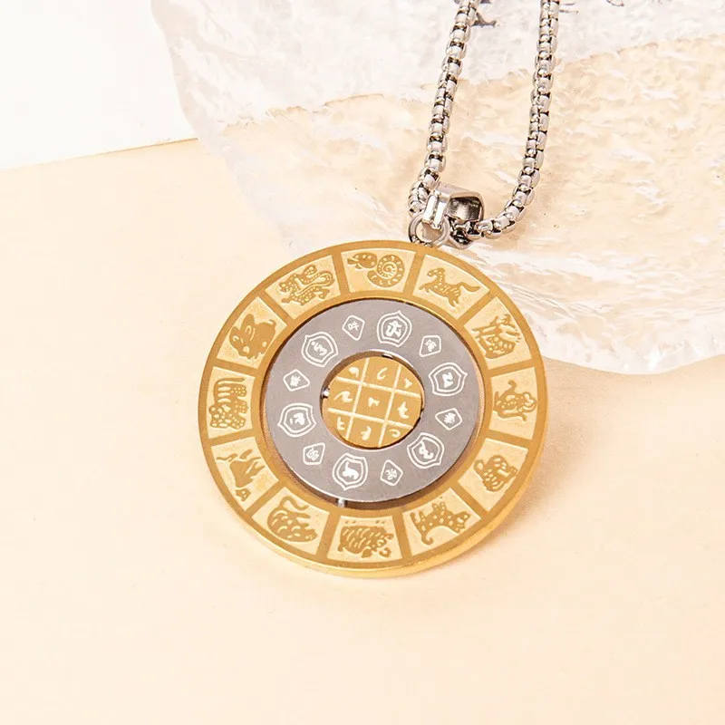Vintage Creative Rotating Stainless Steel Jewelry 12 Zodiac Sign Pendant Necklace for Couple for Gifts