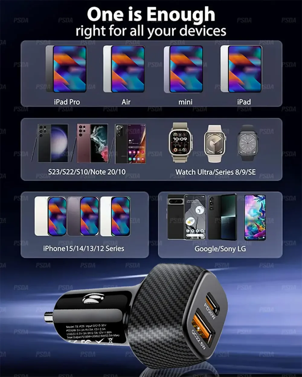 PSDA Car Charger with Plug 52.5W USB Car Charger Fast Charging PD PPS QC 3.0 USB Cigarette Lighter Charger for iPhone Samsung