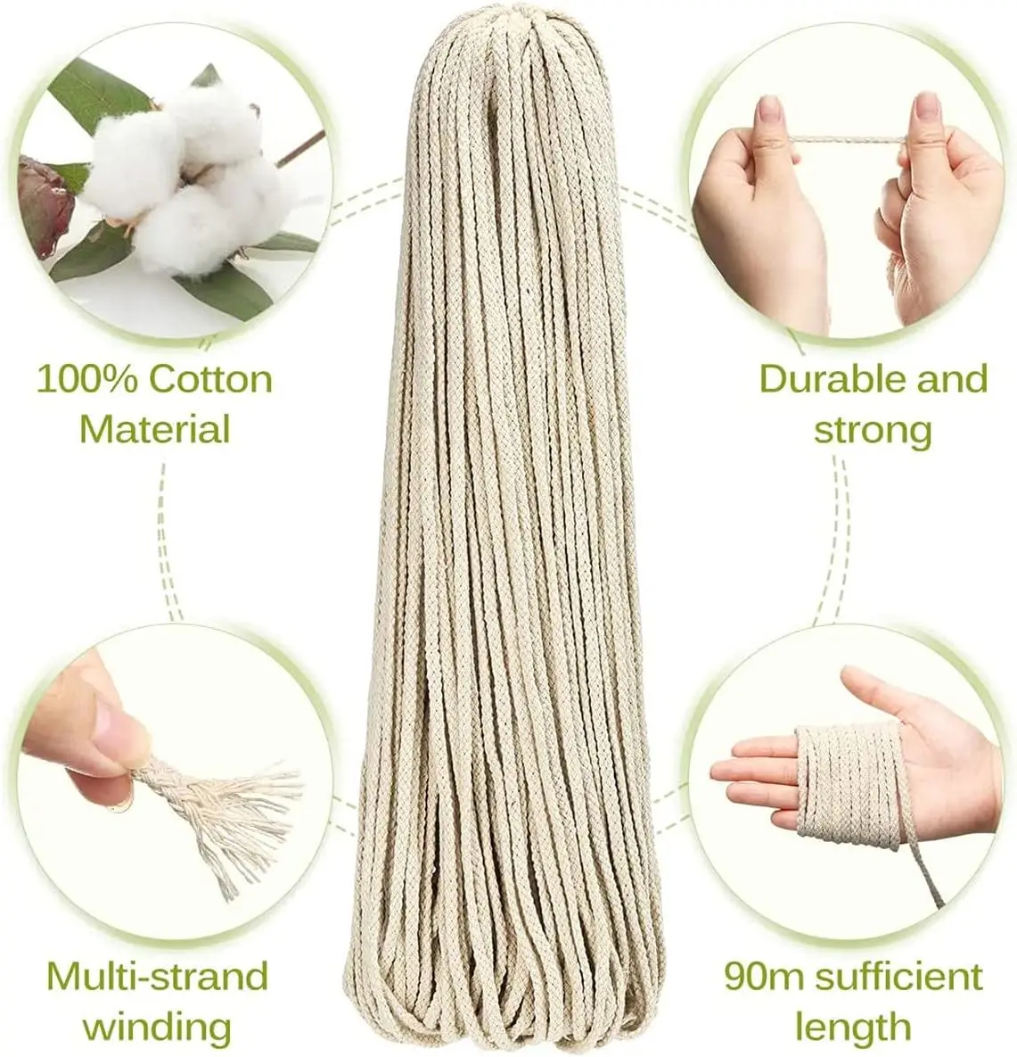 8Strand 100%cotton 4mm Round Braided Cotton Rope Macrame Cord Twisted Rope