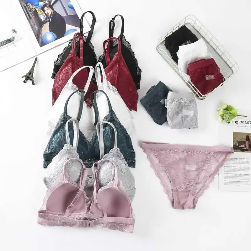 Hot Selling French Style Triangle Cup Back Closure Tube Top Bralette Suit No Steel Ring Sexy Wrapped Chest Ladies Lace Bra Set