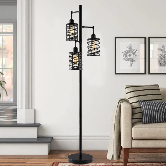 Iron Cage Floor Lamp Bedside Study Office Country Bedroom Three-head Lamp Nostalgic Retro Standing Lamp
