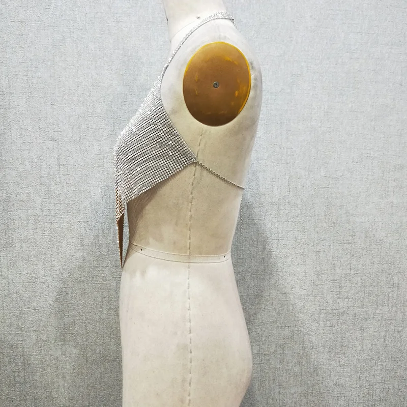 2024 Fashion Backless Triangle Gold Silver Splicing Pattern  Aluminum Rhinestone Mesh Crystal Crop Top