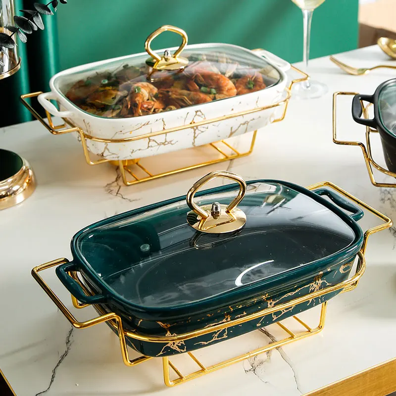 Factory direct selling golden casserole marble ceramic hotel tableware buffet soup set with rack insulation