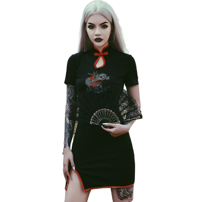 
Girly improved version of cheongsam slim high-necked high-waisted buckle slit dress gold velvet short-sleeved mini dress 