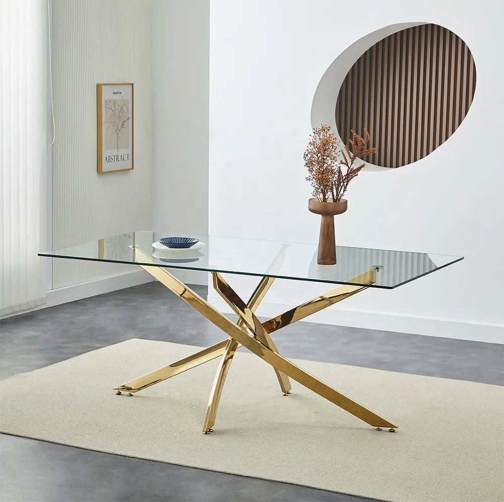 Modern Popular  Room  Tempered  Top Metal Leg Restaurant glass dining tables