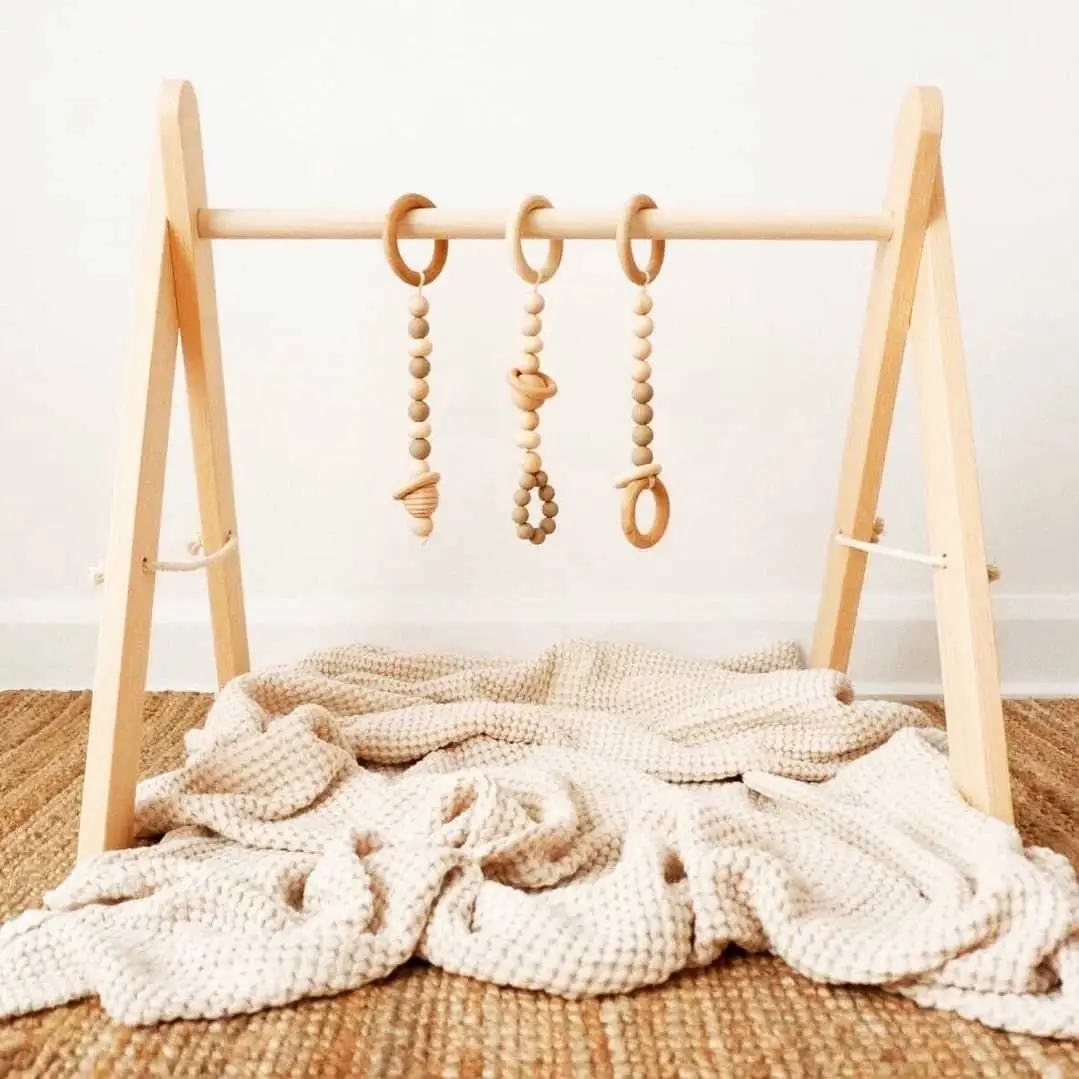 2024Hot sale Wooden Baby Play Gym with 6 Toys Foldable Play Gym Frame Activity Gym