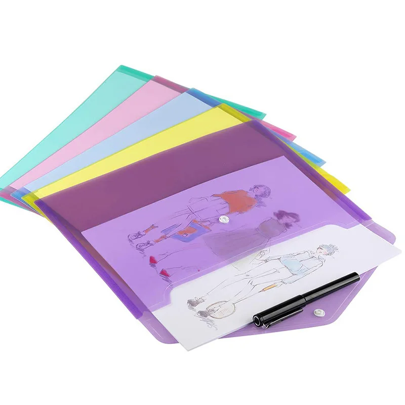 PVC Letter A4 size Plastic File Envelopes with Label Pocket And Button Colorful Clear PP Document Bag For Home Office Organizer