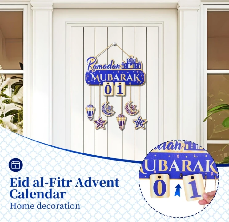 39*30cm Muslim Ramadan Party Door Sign Moon Star Wind Light Castle Shape Ornament Eid Islamic Decor Plywood Eid Countdown Decor