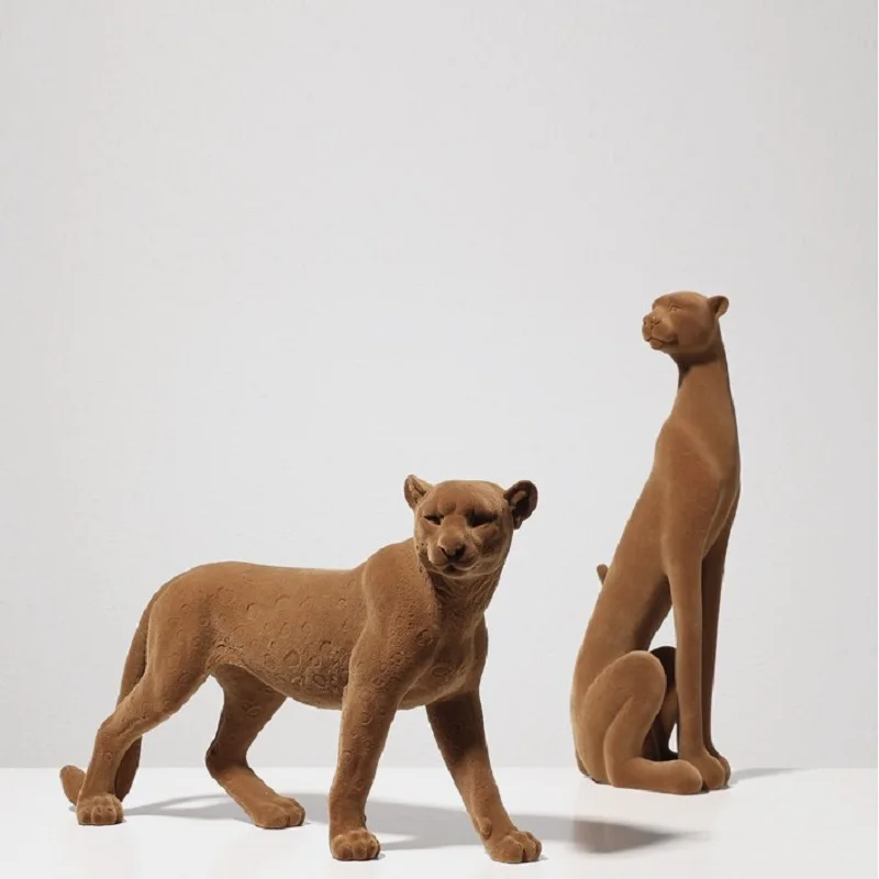 Flocking Leopard Resin Art Toy Animal Home Decoration Walking Sitting Panther Flocking Large Size Leopard Statue