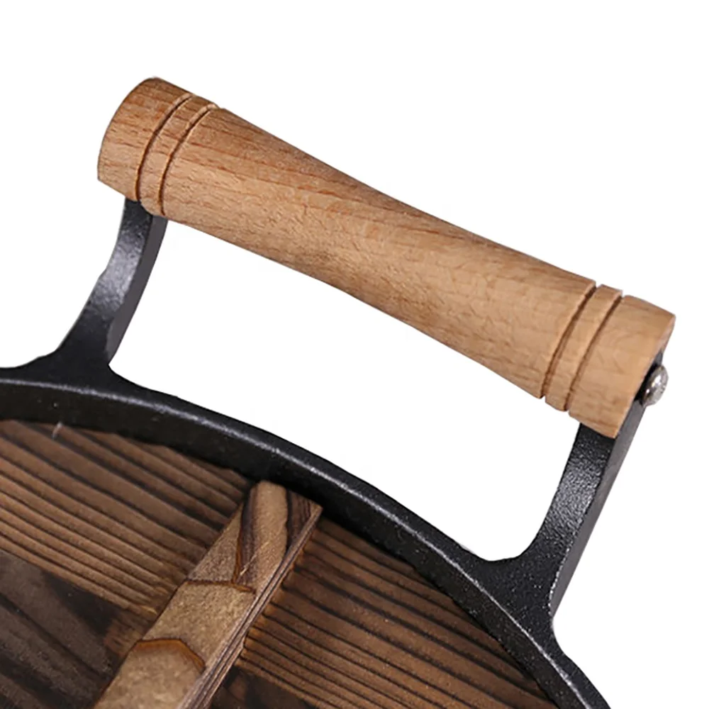 Hot Selling Cast Iron Cooking Cookware Wok Double Wooden Handle And Wooden Lid