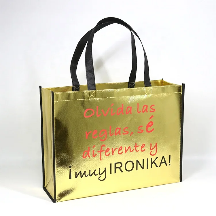 Custom Logo Printing Luxury Gold Metallic Gift Laser Non Woven Bag Reusable Tote Shopping Bag