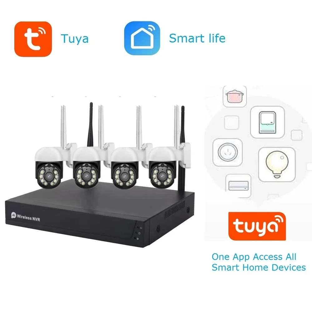PTZ 4H 4cam Видеосистема Tuya Smart Life камеры наблюдения NVR Kit 1080P Беспроводной Wi-Fi система видеонаблюдения камера безопасности