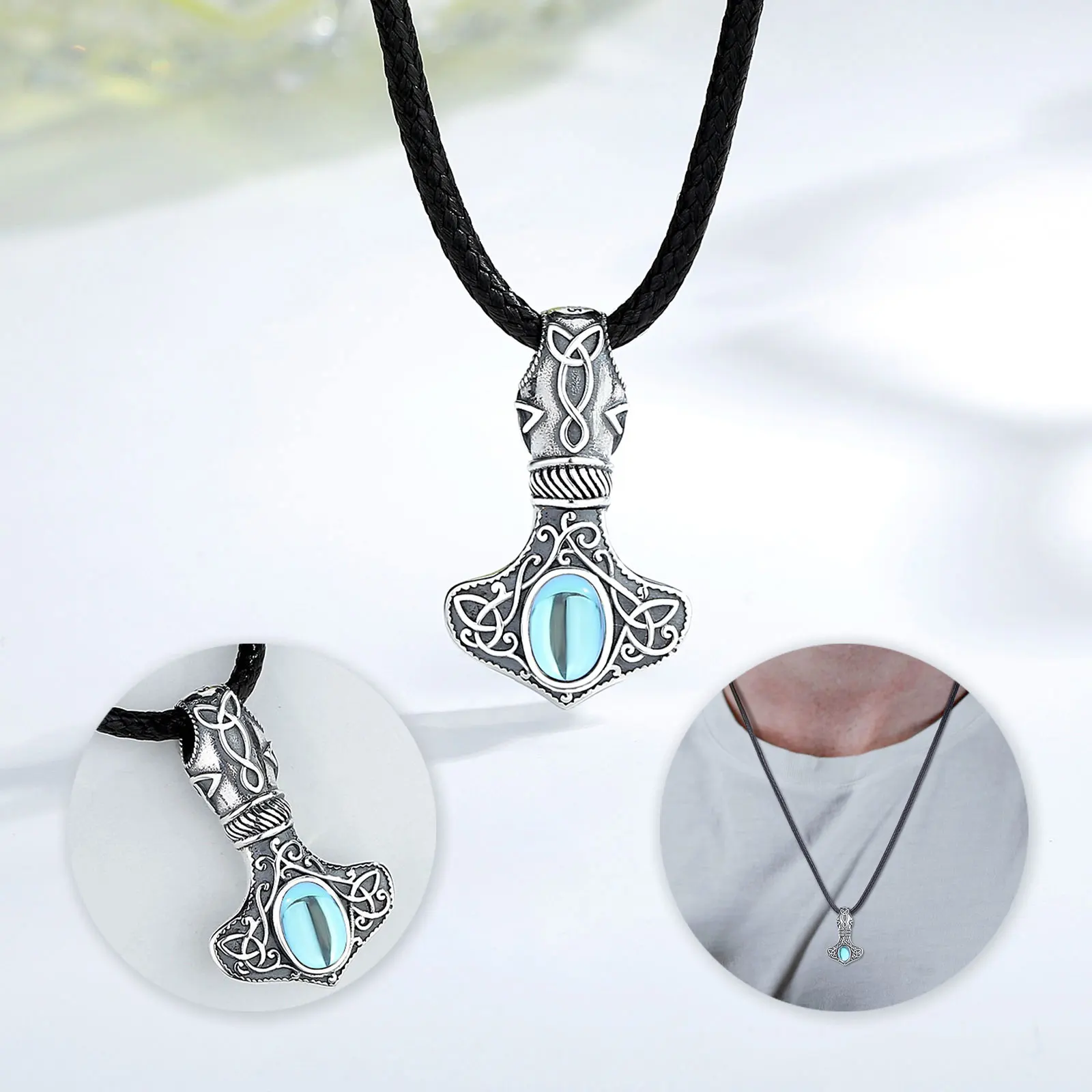 Changda 925 sterling silver noridc jewelry moonstone viking thor hammered hammer pendant necklace