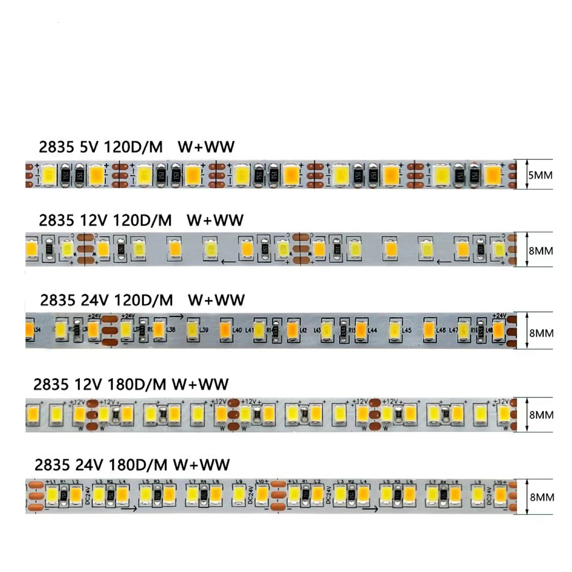 Factory direct 12V low voltage two color self adhesive flexible showcase under cabinet  2835/5050 led strip light