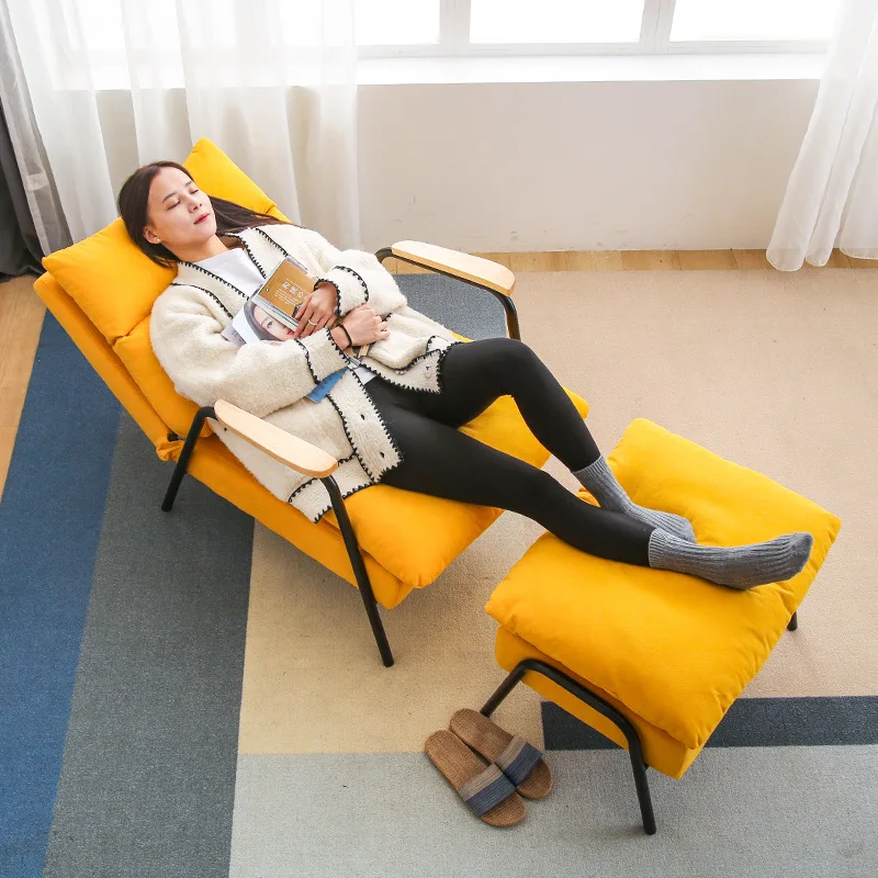 Wood Arm Living Room Sofa Chair Comfortable Soft Angel Adjust Lazy Sofa Bed With Stool Office Break Chair