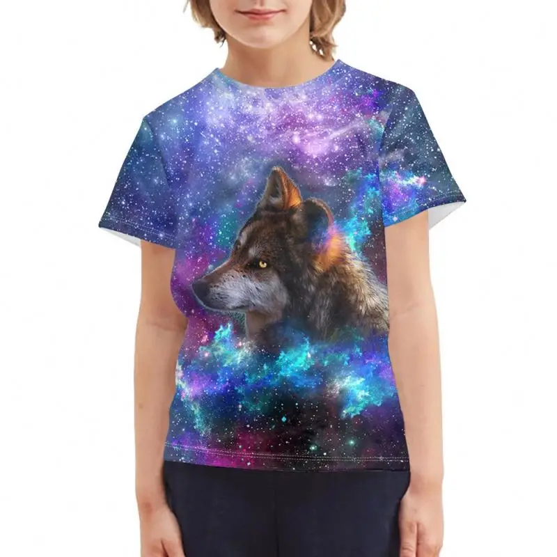 
High Quality Funny Galaxy Wolf Print Short Sleeve Sport Comfortable Kids Graphic T Shirt Cool Boy Clothes Kids Tshirt 