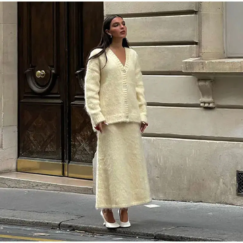 Autumn Fashion Solid Color Knitted Skirt 2 Piece Suit Single Breasted V Neck Cardigan High Waist Skirt Mohair Sweater Women