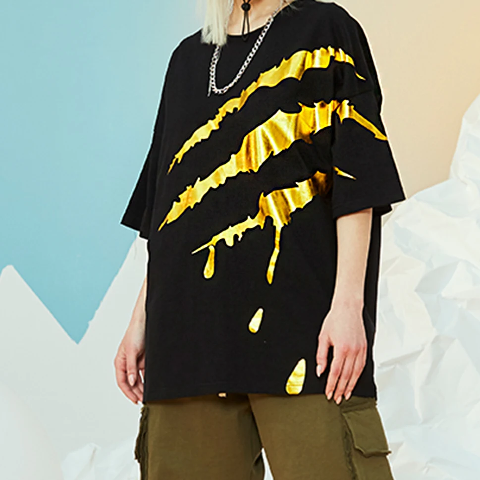 Deluxe Tshirt custom gold print brand logo Pattern graphics oem High quality cotton gilded T-shirt for men