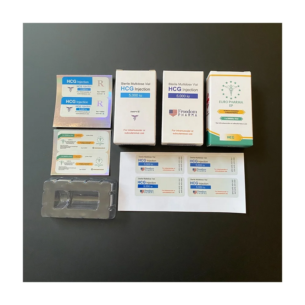 All kinds of designs printed custom logo 1x5000iu hcg paper box with match label sticker and plastic tray for 2ml/ 3ml vial