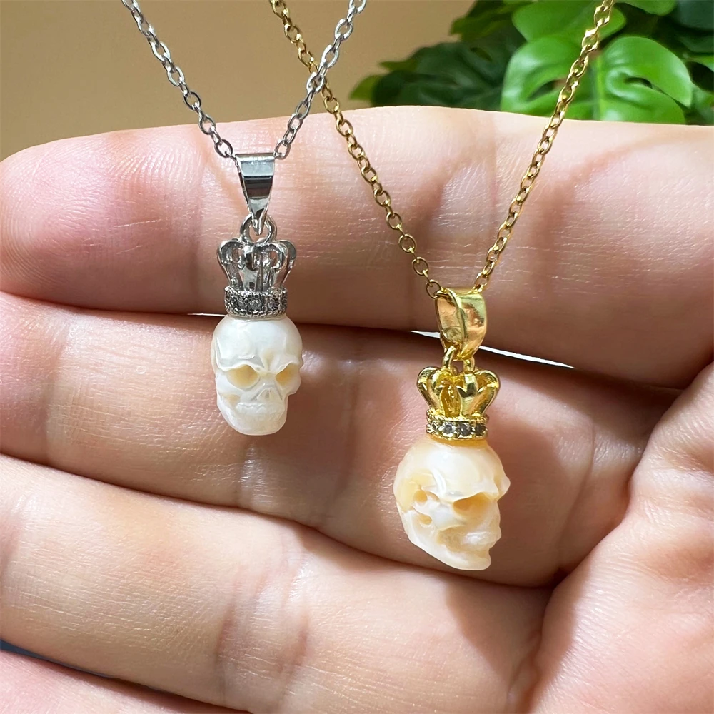 Carved Real Natural Fresh Water Pearl Necklace Silver Gold Plated CZ Crown Pendant Skull Head Pearl Necklace for Christmas Gifts