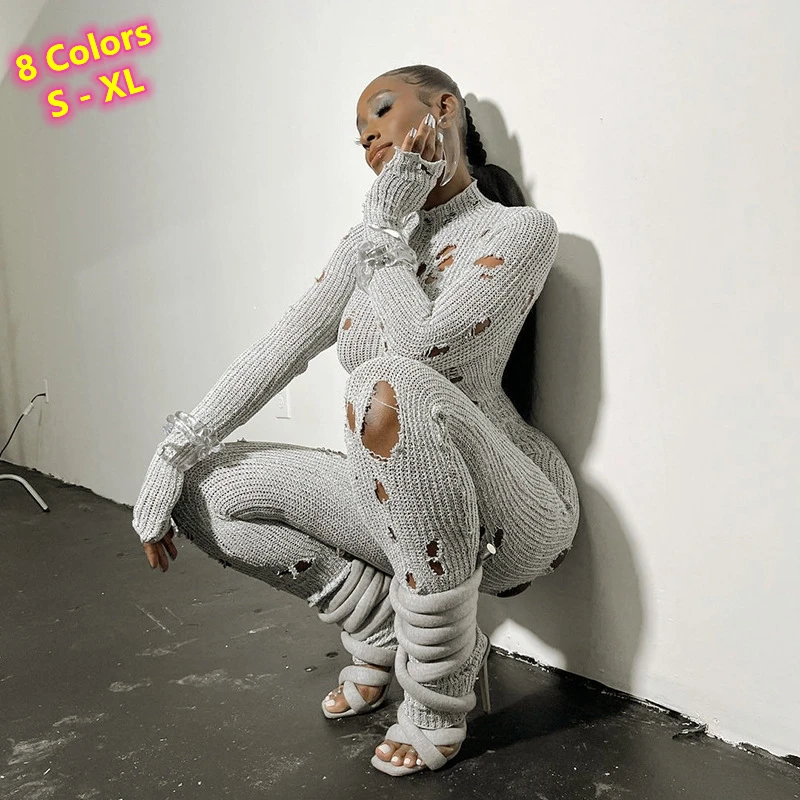 2023 New Arrival Fall Fashion Ripped Bodycon Romper Women Backless Bandage Jumpsuits Sexy Hole Knitted Jumpsuits