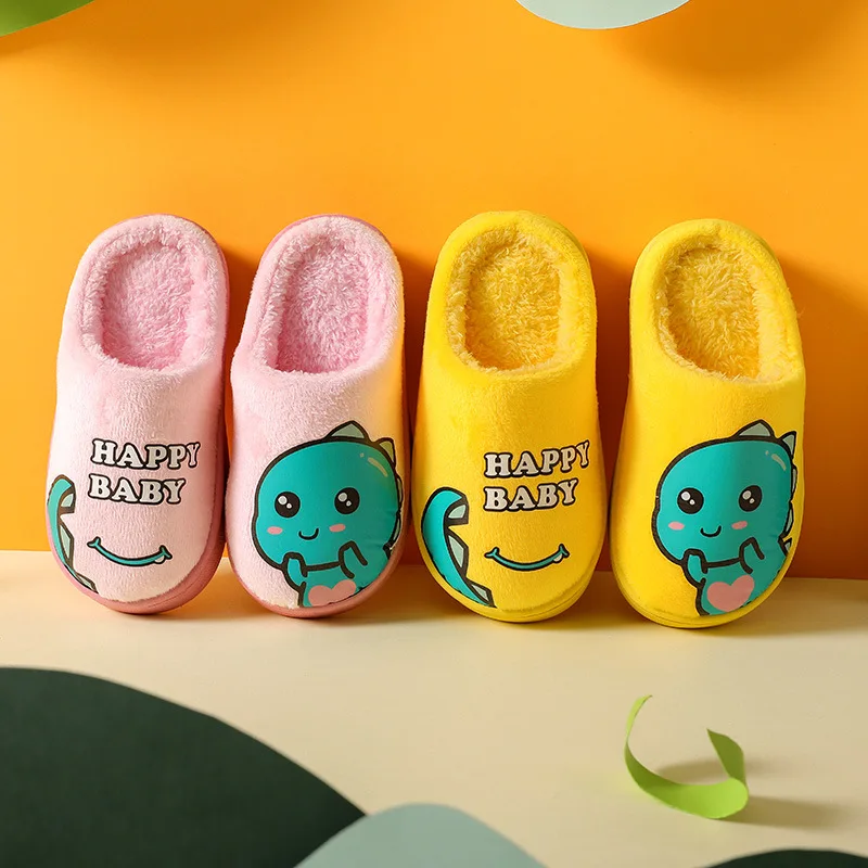 Autumn Winter Boys Girls  Kids Indoor Home Cute Cartoon Non Slip Dinosaur Artificial Woolen Slippers Toddler Sandals