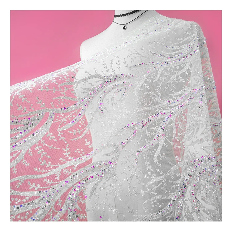 2021 Dubai Crystal Lace Sweetheart Luxury Mermaid Sequins Glitter Embroidered Lace Tulle Fabric For Bridal Wedding Dresses