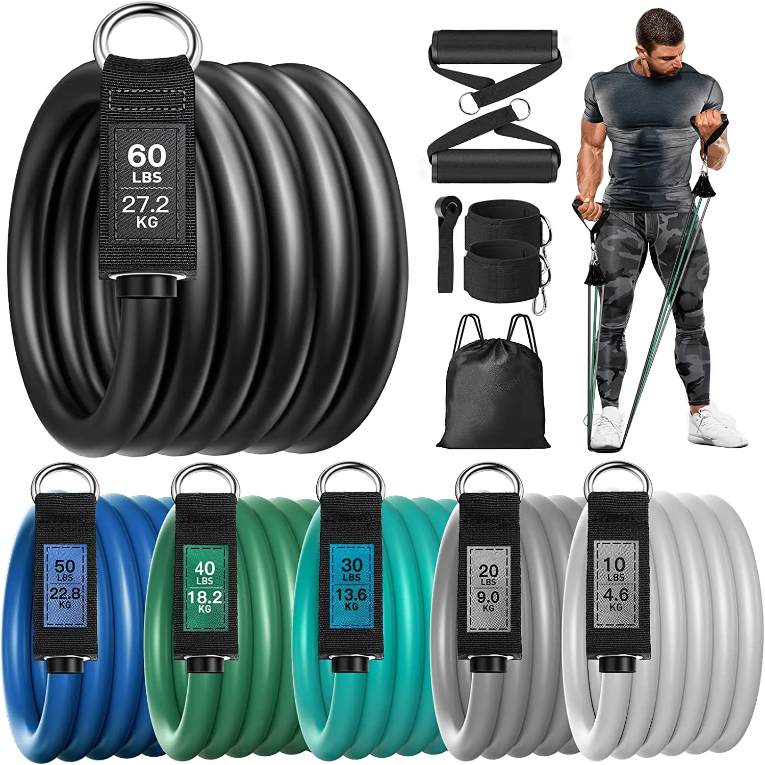 SKYHOPE Workout Fitness Gym Pull Up Set 11 Piece 11 Pcs Resistance Bands Tube yoga band set