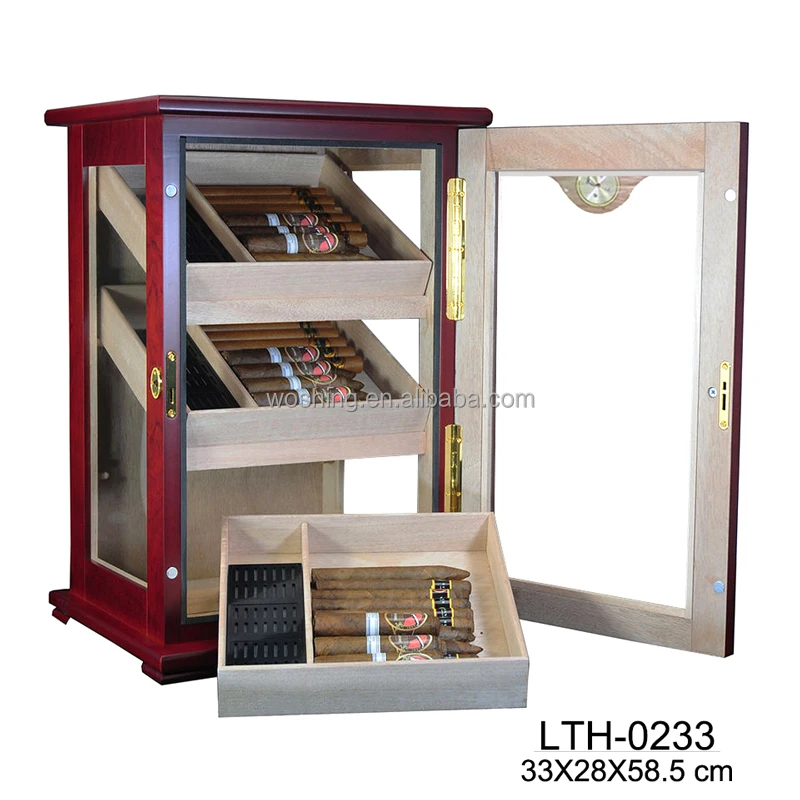 Woshing Customized wooden glass door cigar cabinets raching humidifier hygrometer cigars display humidor cigar cabinet