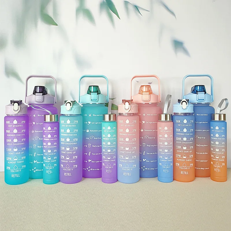 Portable Sports Gradient Color Drinking Water Bottle 3pcs/Set Motivational Water Bottles Set 3 in 1