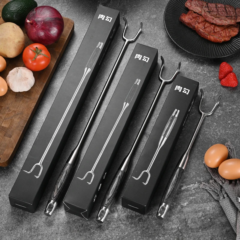 High Quality 304 Stainless Steel Meat Hooks Food Handy Flipper Barbecue Pork Sausage Hanging Hook Long Handle Meat Hooks