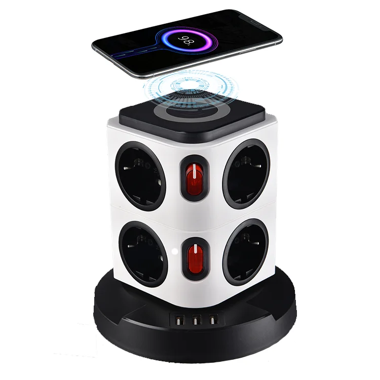 
Wireless Charger Power Strip Tower Charging Station Surge Protector Extension Cord with 8 AC Outlets and 3 USB Ports 
