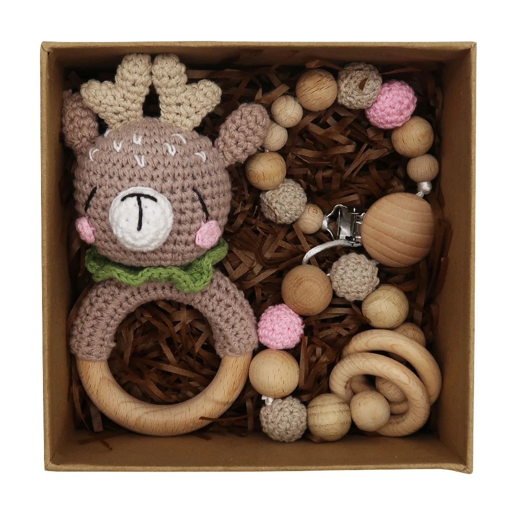 Hot Sale Wholesale Newborn DIY Wooden Cartoon Baby Crochet Rattle Ring Teether Gift Set