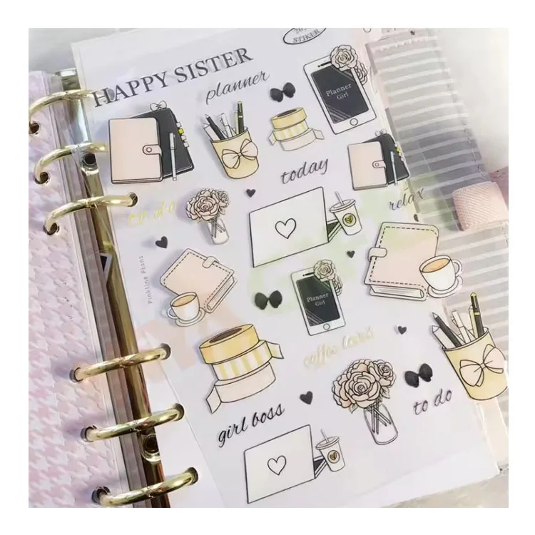custom planner notebook design color printing transparent clear vinyl PET stickers for girls