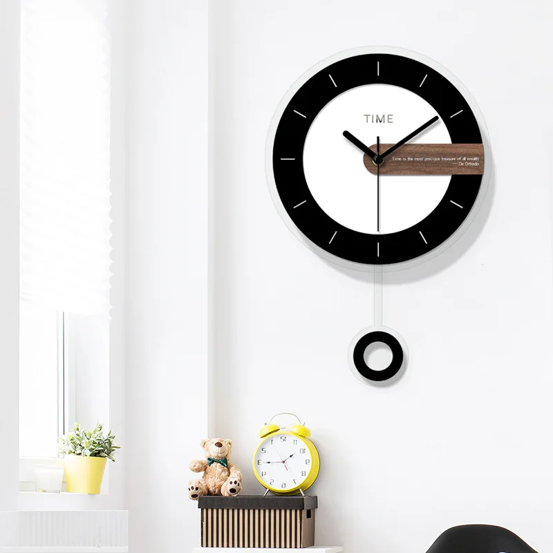 Round acrylic modern black and white with swinging creative home school office decoration wall clock