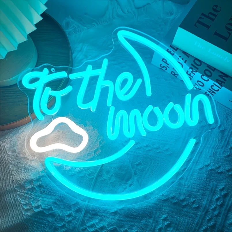 1 pc To The Moon Neon Sign Ice Blue and White Moon Neon Light for Wedding,Birthday Party and Bedroom Wall Room Decor,USB Powered