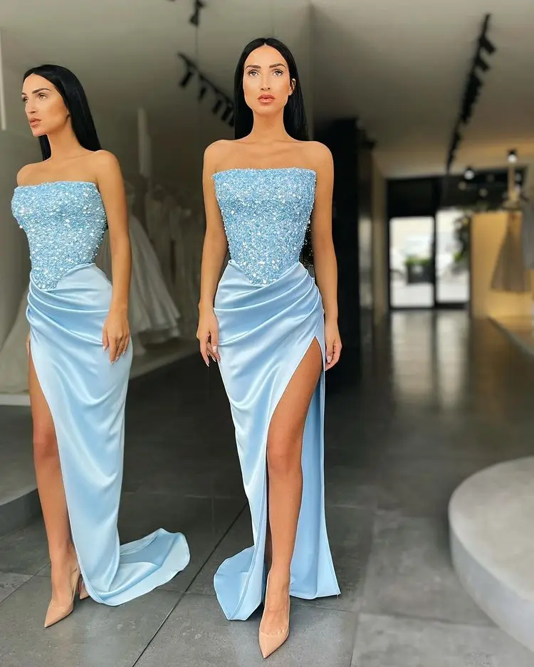 Newest fashion evening wedding dance party elegant sky blue dresses with beads and pearls for girls women dresses