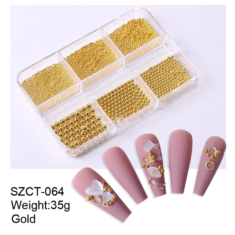 6 Grids/Box Professional Nail Art Stainless Steel Mini Gold and Silver Rose Gold Metal Mini Caviar Nail Beads 3D Decoration DIY