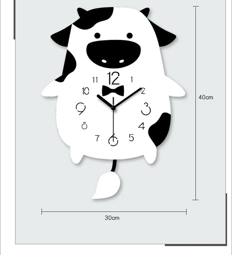 acrylic modern pendulum cartoon wall clock pictures 12 inch home decoration silent cute animal cow bed room hanging watch