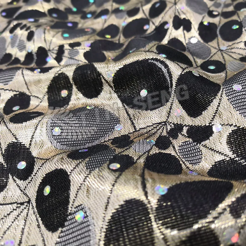 Black Gold Brocade Fabric with Shiny sequins for home Upholster