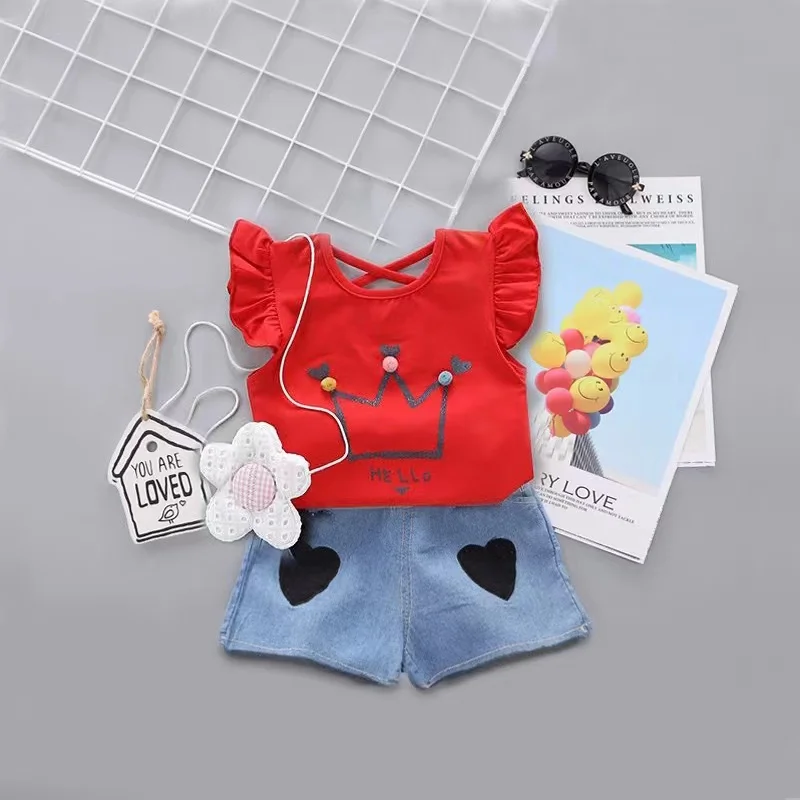 Baby Girl Clothes 2PCS Ruffle Outfits White Shirt Tops+ Denim Pants Ripped Jeans for Girls