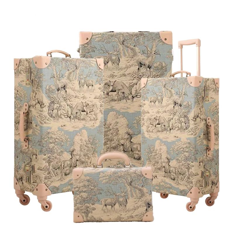 High Quality Fabric Printed Elk Trolley Case 4-Piece Vintage Suitcase Set For Travel