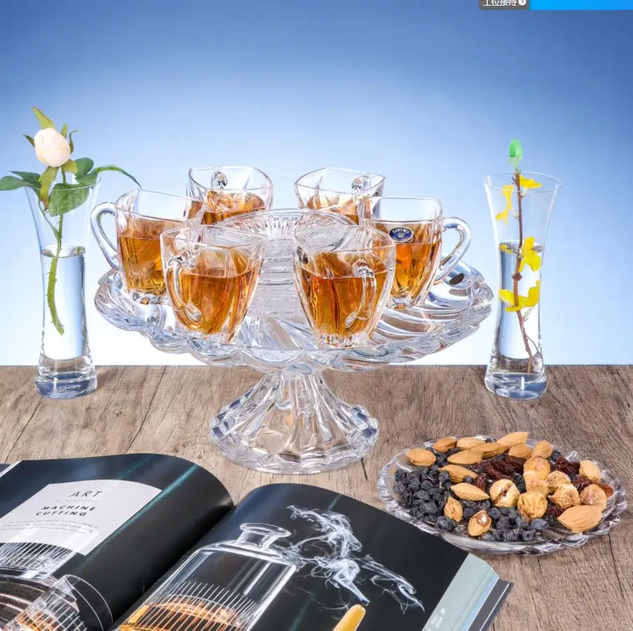 Luxury Bohemia Crystal Glass Wear Cups and Saucers and Fruit Plate and Vases Leather Box Gift Set