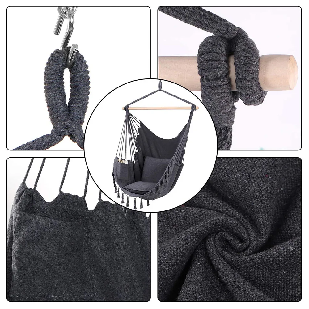 
Stylish Hanging Chair with Pocket Sturdy steel support bar Swing Hammock 