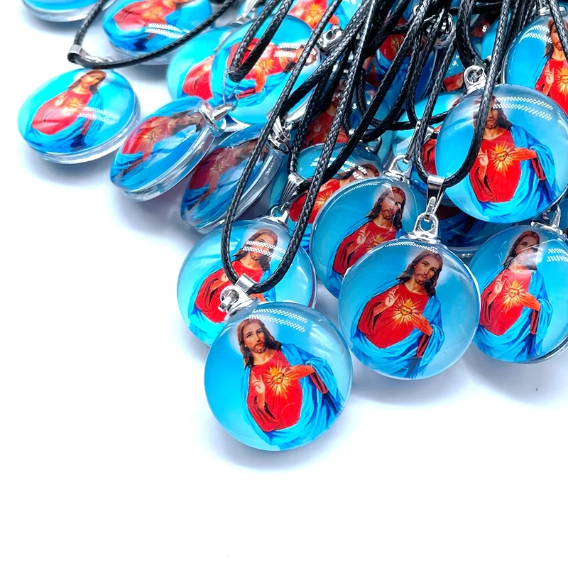 New Charm Glass Round Pendant Jesus Photo Catholic Maria Figure Jewelry Colorful Pattern Necklace 25 mm Crystal Gift