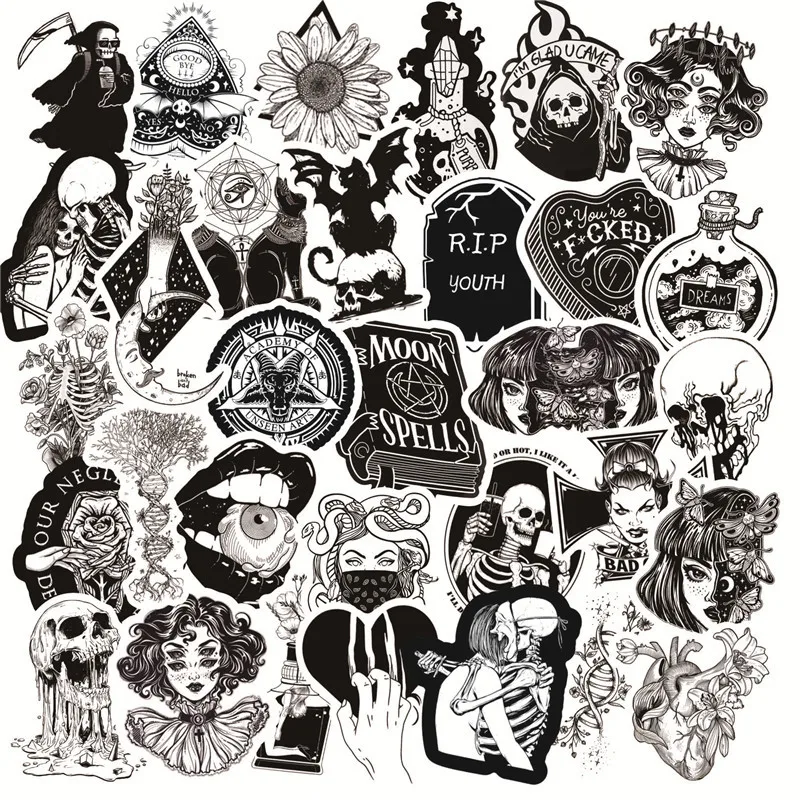 Custom Waterproof Black And White Witch Skeleton Graffiti Stickers For Decorate Phone Laptop Vinyl Sticker