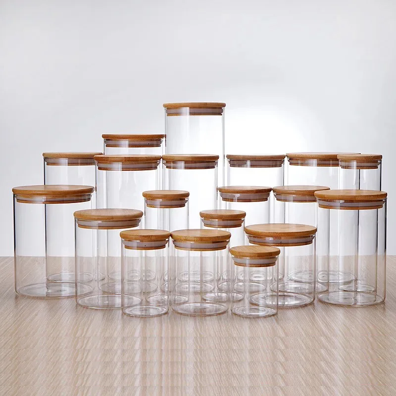 Small High Borosilicate Glass Jars with Bamboo Lids Kitchen Storage Jars Silicone Ring for Airtight Sealing Perfect GS179E